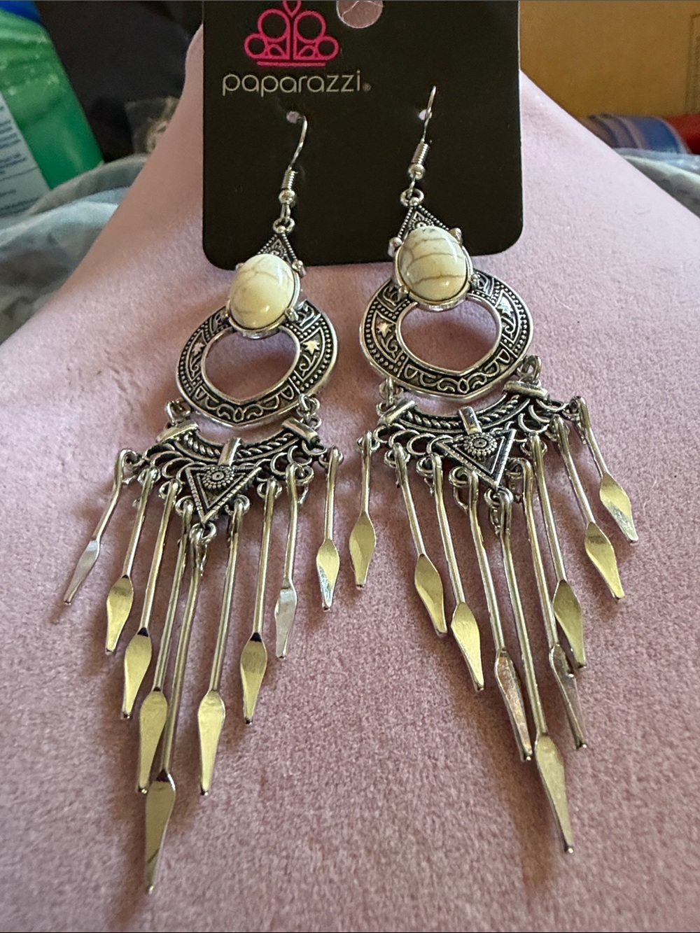 paparazzi Ivory Stone Silver-Tone Boho Fringe Earrings, 4” Drop, (J0295)
